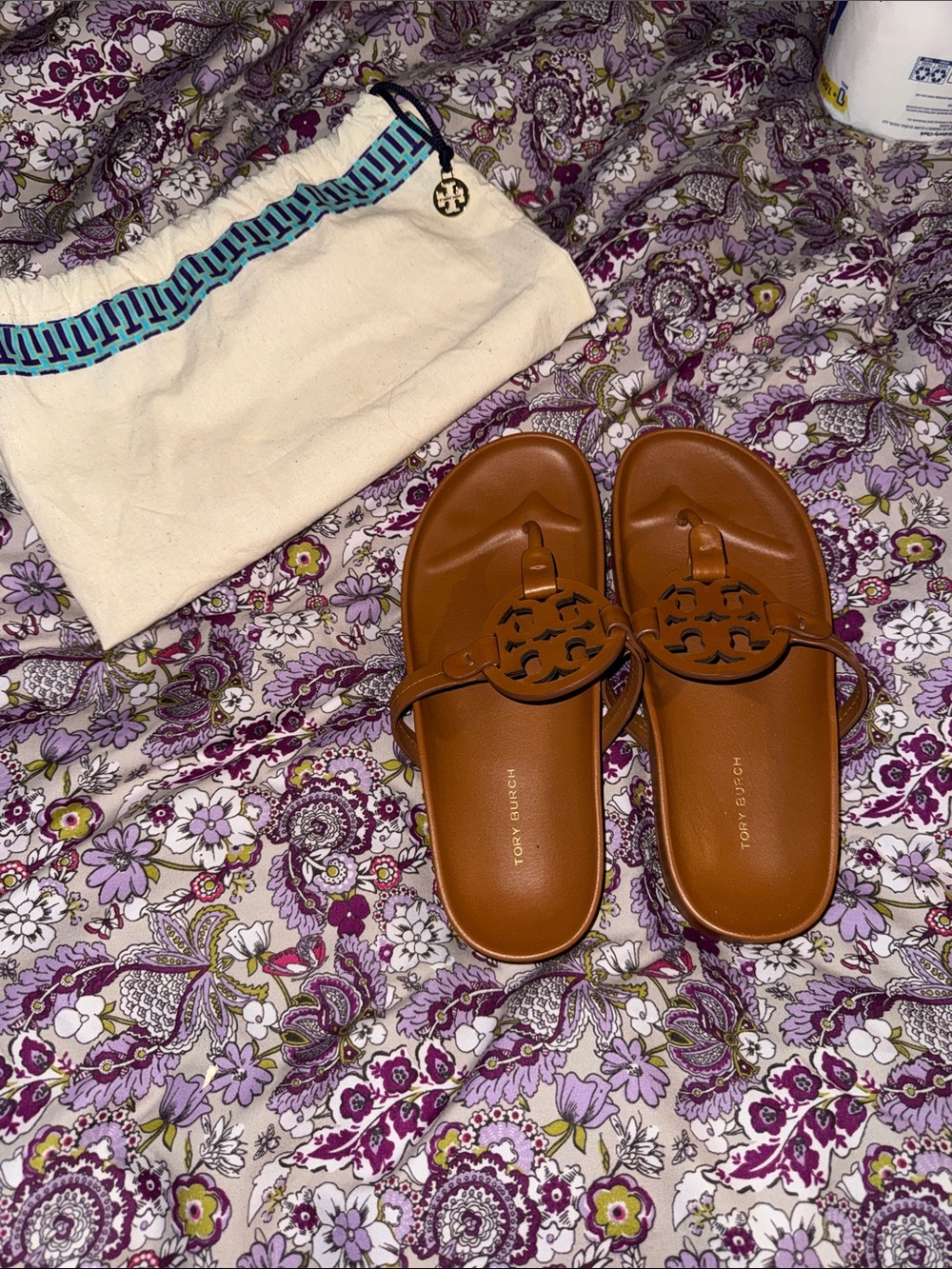 Tory Burch Brown Cloud Miller Logo Leather Thong Sandals with dust bag